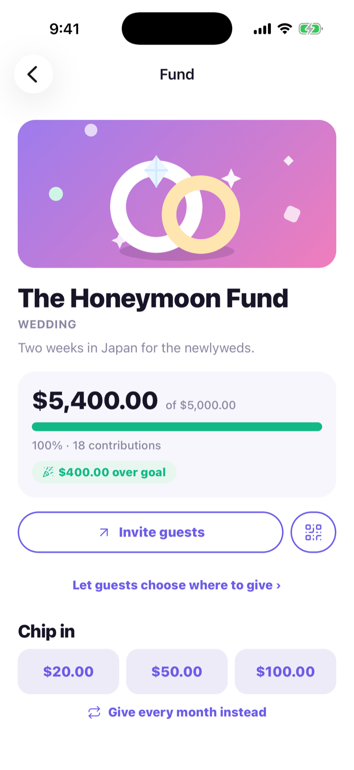 FundNest fund detail: a wedding fund at 108 percent